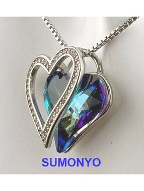 SUMONYO Heart-Shaped Pendant Necklace w Brilliant Blue Crystal and Rhinestones